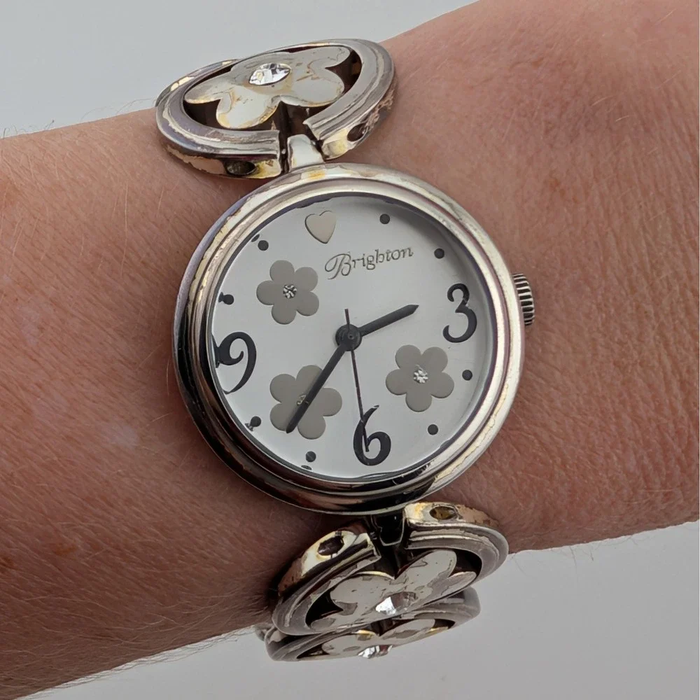 Brighton Tahiti Women's Silver Tone Flower Sunburst Dial Bracelet Watch 28mm